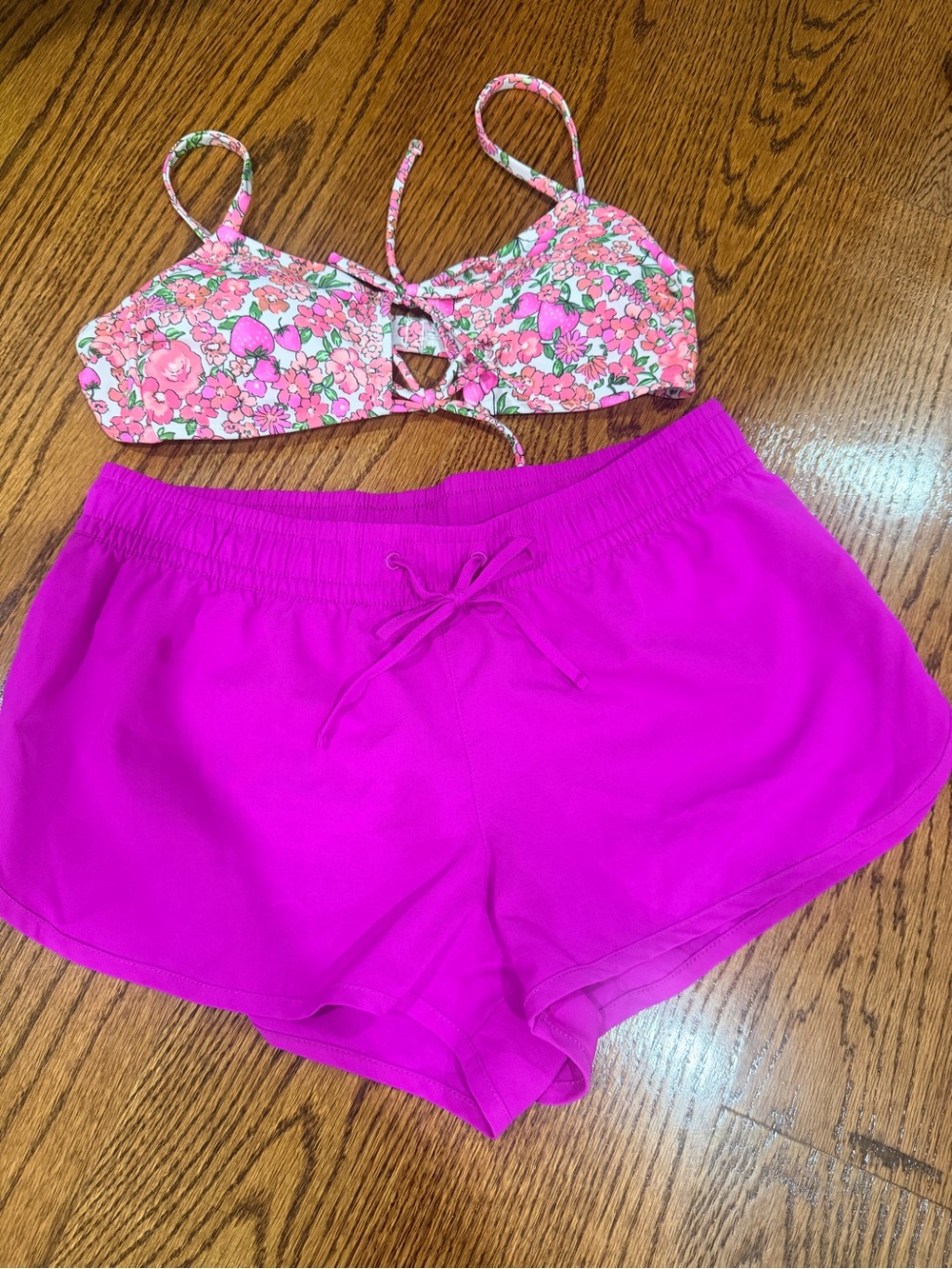 Floral Pink Bralette and Bright Pink Lounge Shorts Set